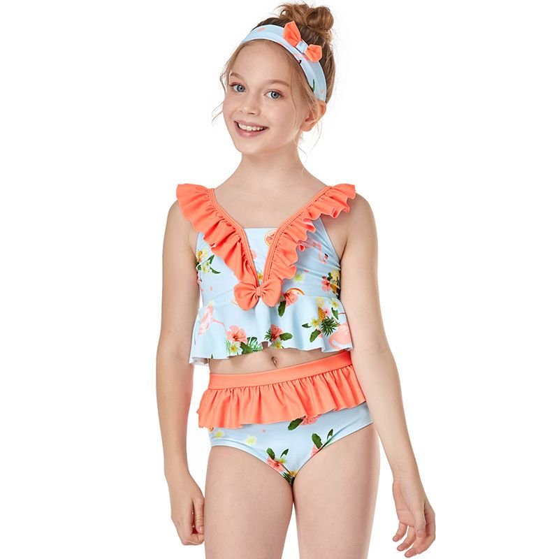 Children Fashion Girl’S Ruffle Floral Print Swimsuit Two-Piece Set