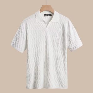 Men Fashion Casual Commuter Solid Color Rib-Knit Short Sleeve Lapel POLO Shirt